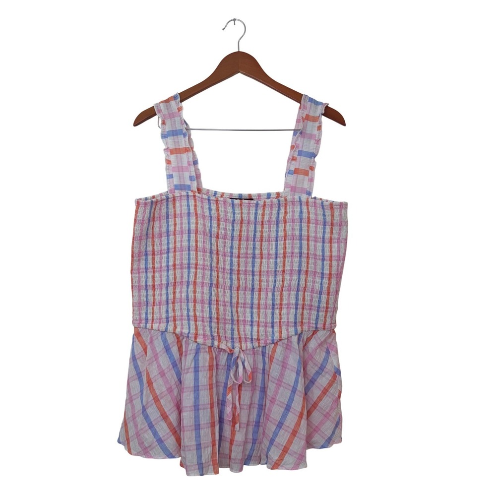 CCX Womens Pastel Plaid Smocked Peplum Tank Top Sz 18 Ruffle Strap Cotton Picnic